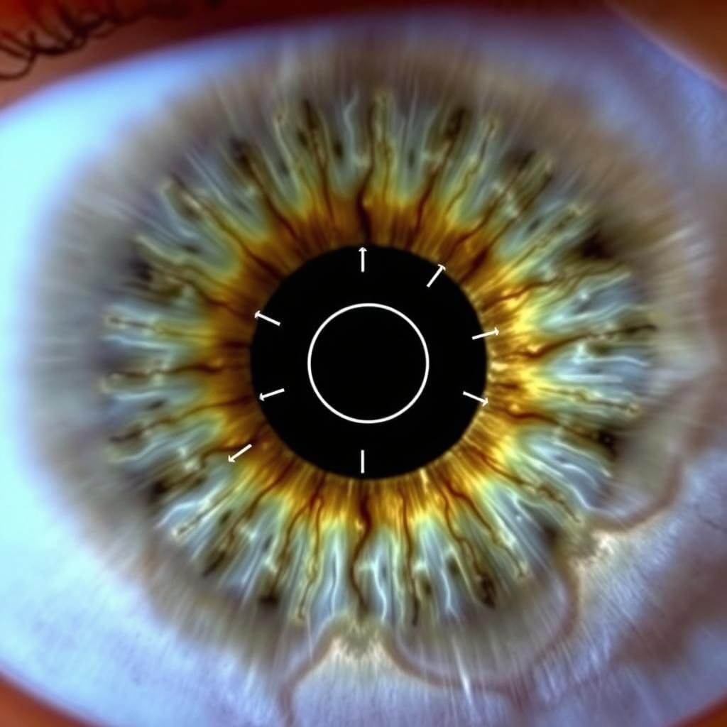 Análisis de iris con mapa clásico mostrando zona digestiva