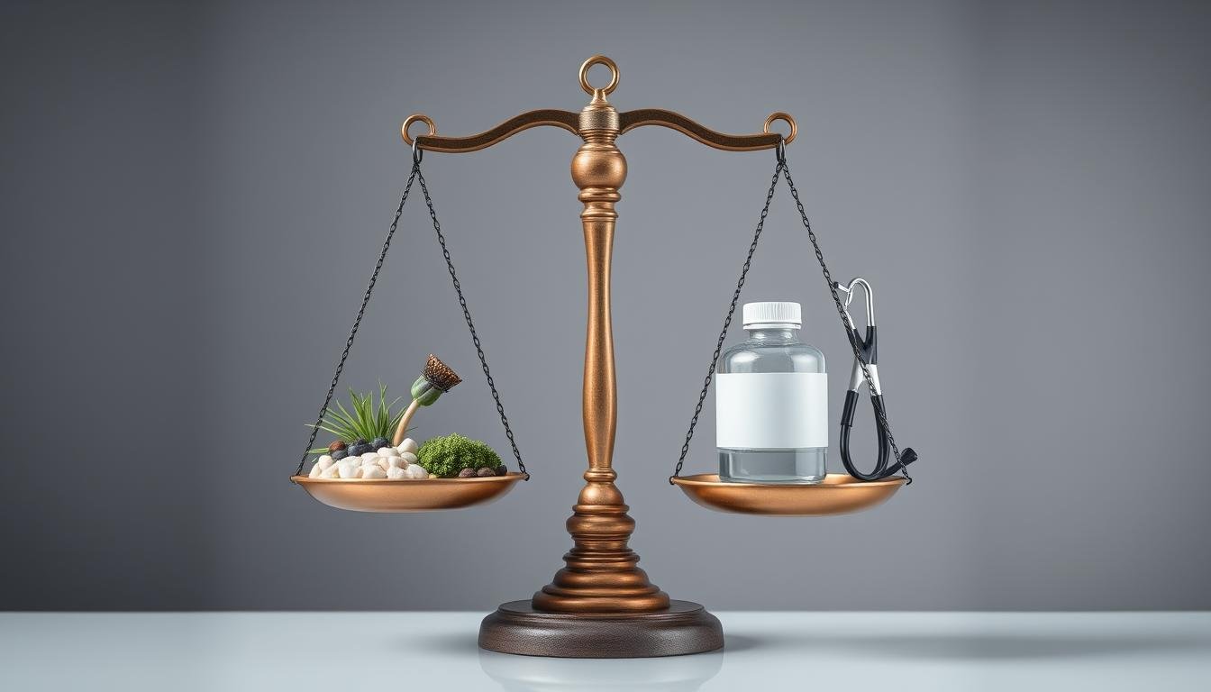 Balance entre medicina alternativa y convencional, simbolizado por una balanza con elementos de ambas prácticas