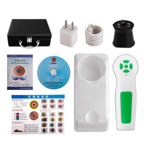 Componentes internos de una cámara de iridología mostrando lentes, sensores y sistema de iluminación LED