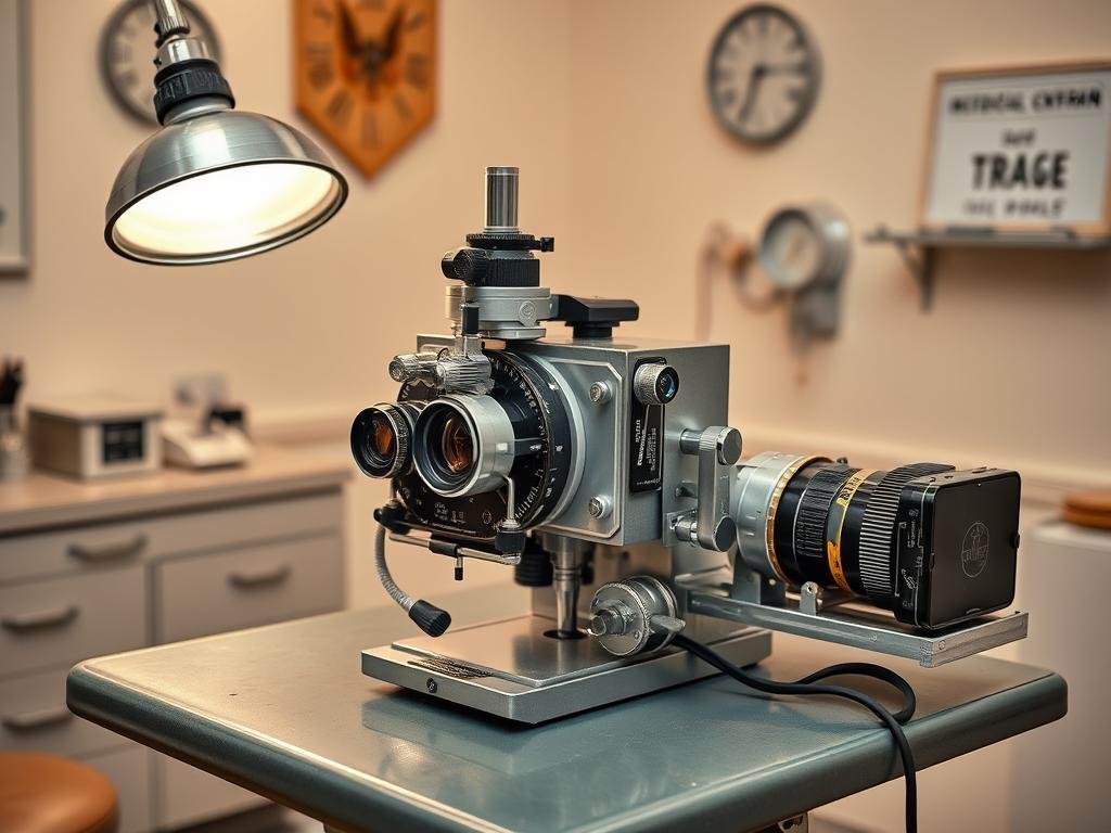 Cámara de iridología de mediados del siglo XX con sistema fotográfico