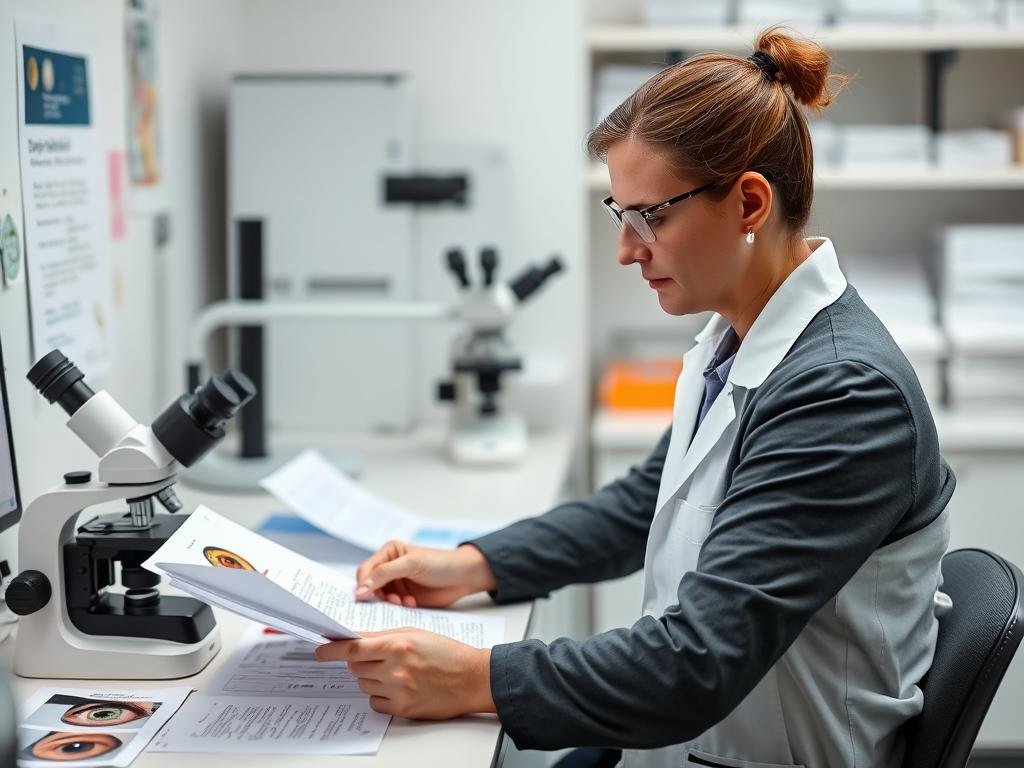 Científico analizando estudios sobre iridología en un laboratorio Científico analizando estudios sobre iridología en un laboratorio