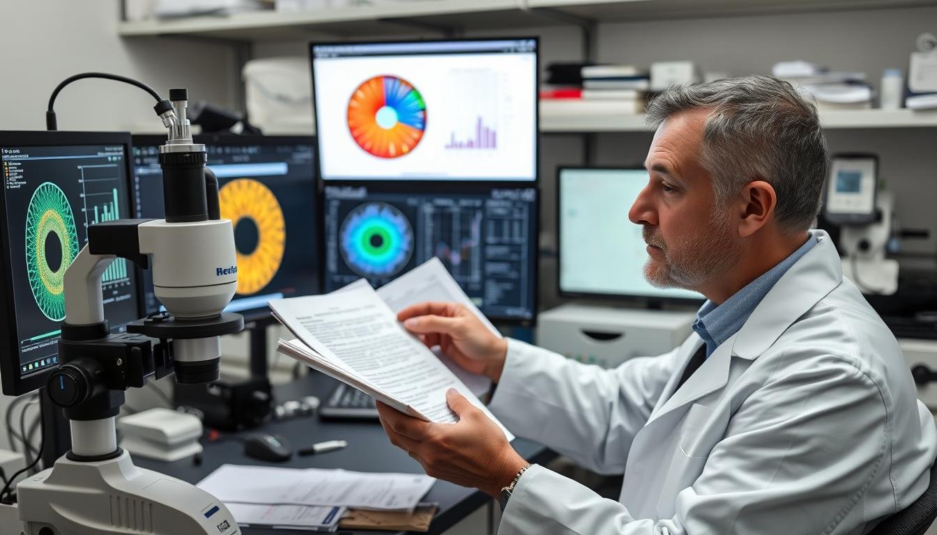 Científico analizando estudios sobre la validez de la iridología en un laboratorio