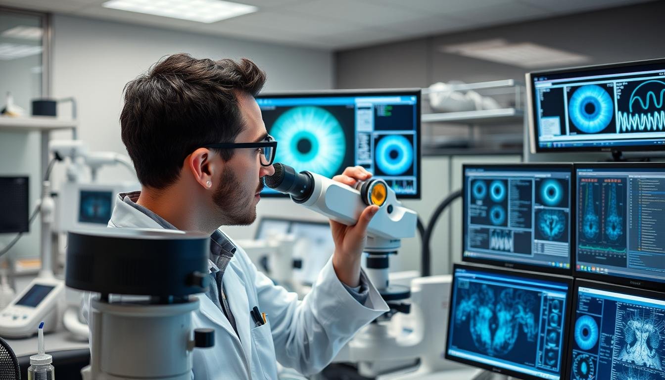 Científico realizando investigación sobre la validez de la iridología en un laboratorio moderno