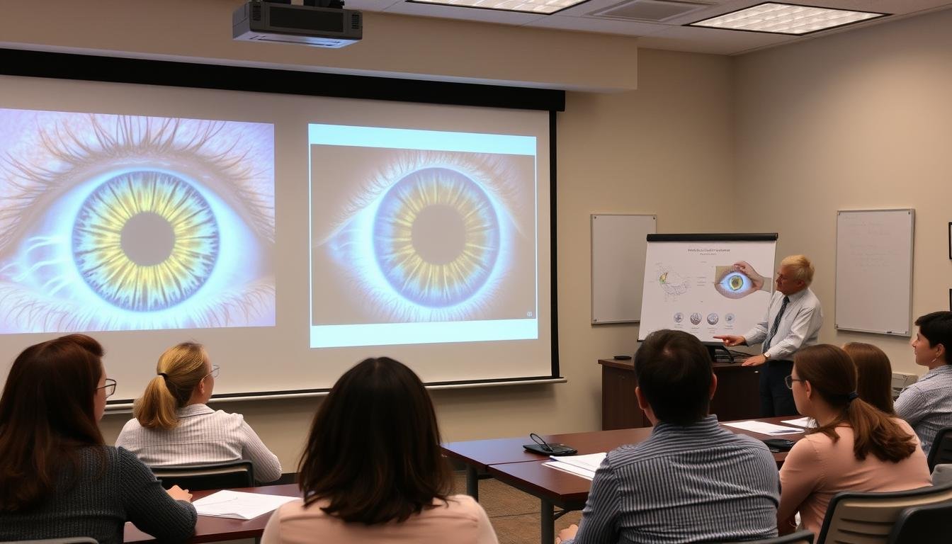 Clase de formación en iridología con estudiantes analizando fotografías de iris