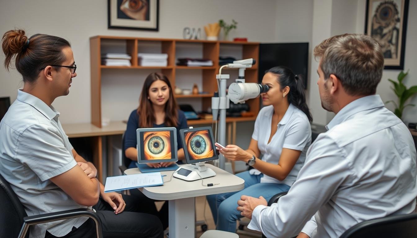 Clase de formación en iridología donde los estudiantes aprenden técnicas de lectura del iris