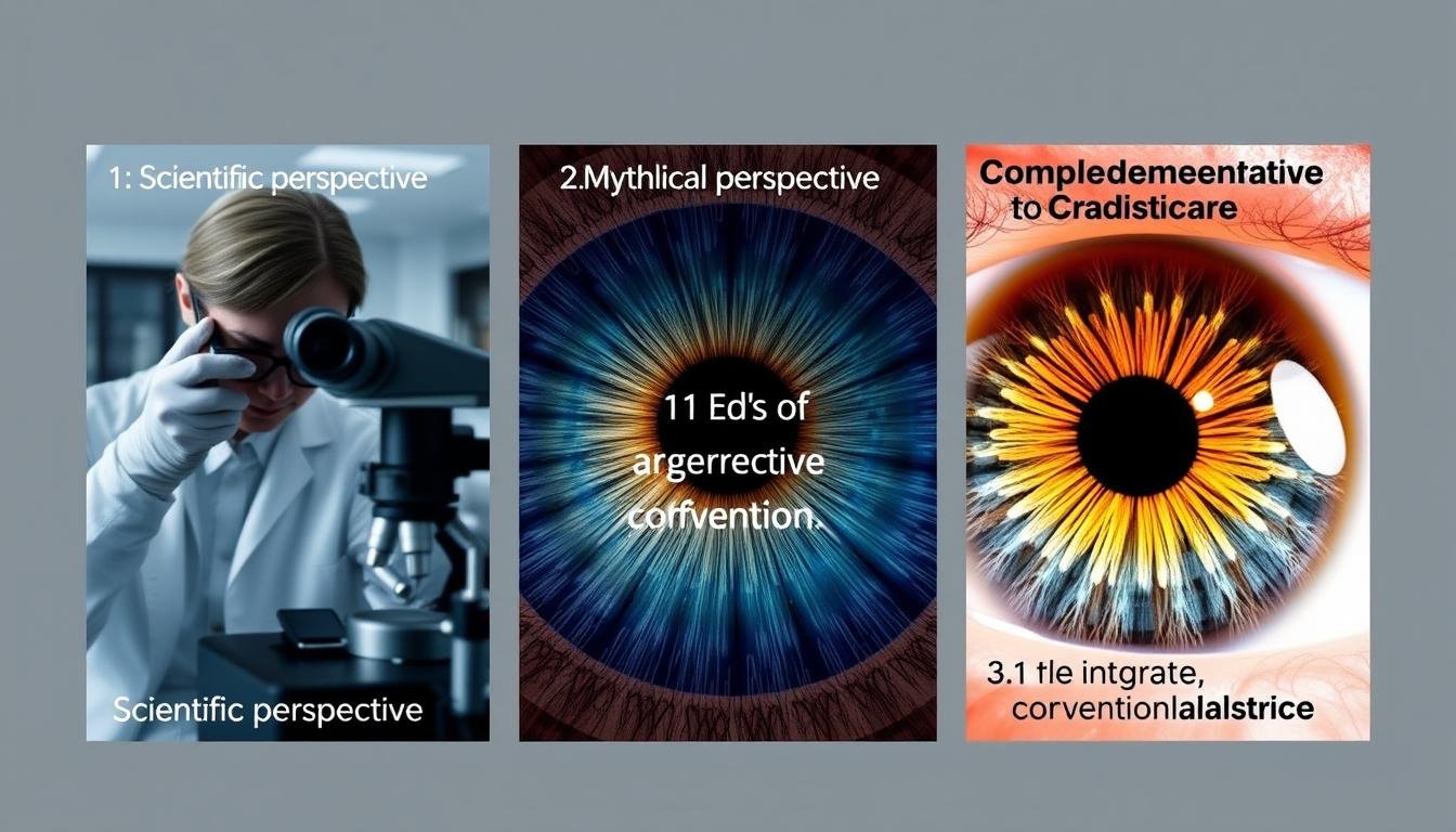 Collage mostrando diferentes enfoques de la lectura del iris: científico, mítico y complementario