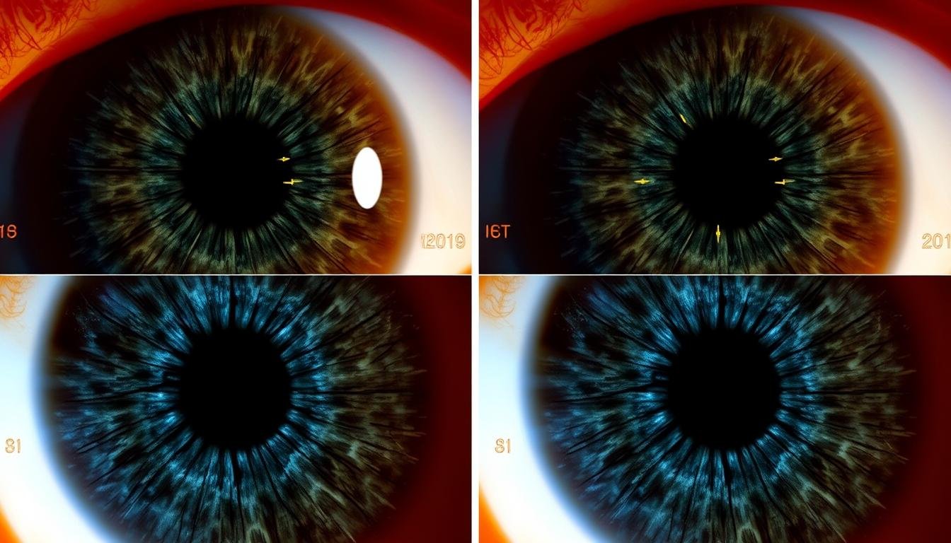 Comparación científica de imágenes del mismo iris a lo largo del tiempo mostrando su estabilidad estructural