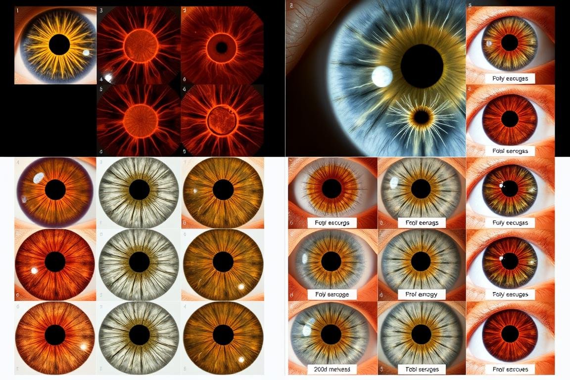 Comparación de diferentes patrones en el iris que según la iridología indican distintas condiciones de salud