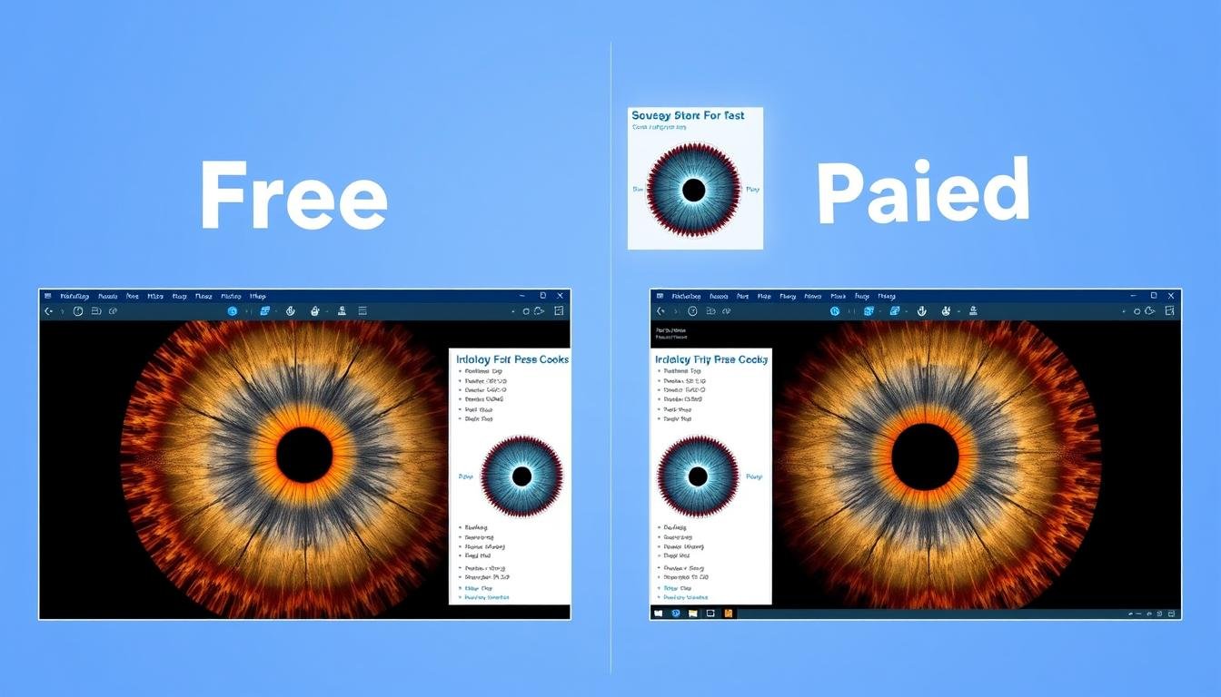 Comparación de iridologia software gratuito y de pago mostrando interfaces de usuario