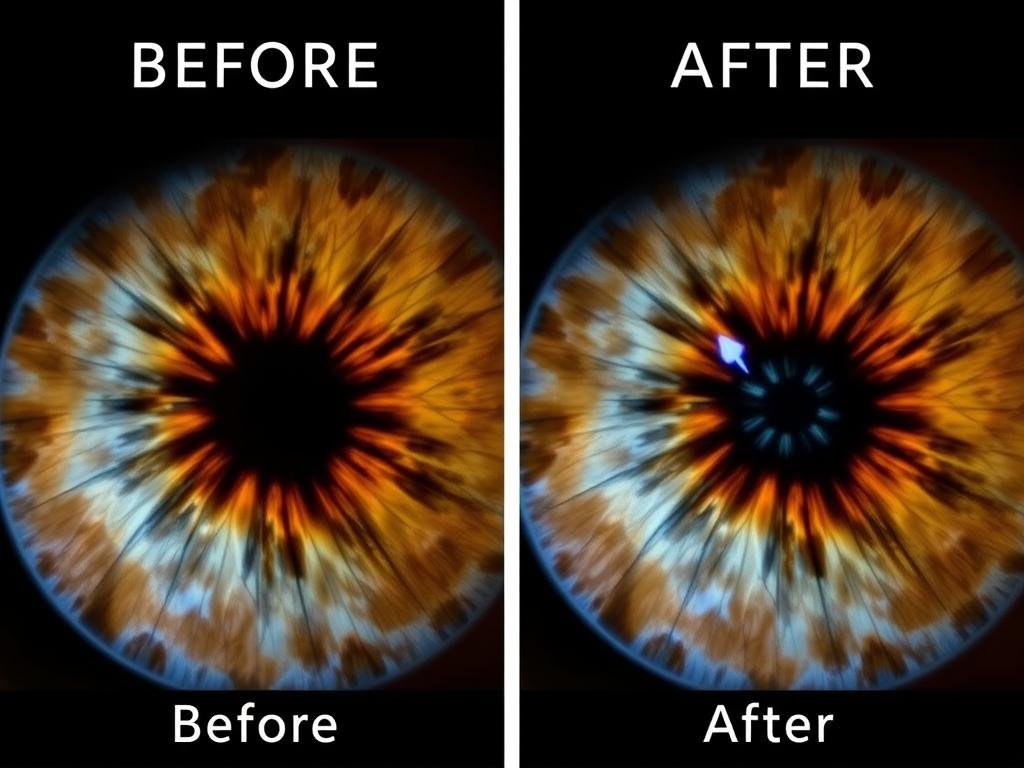 Comparación de iris antes y después de un tratamiento de medicina natural basado en iridología