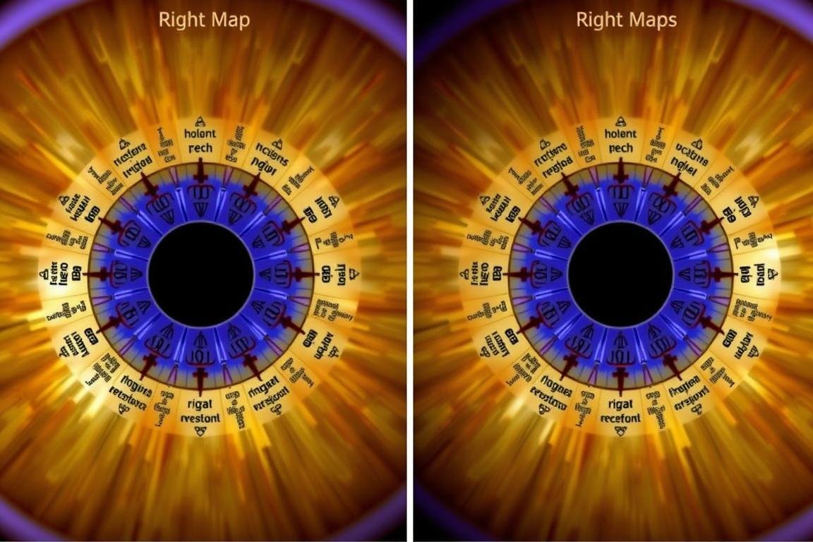 Comparación de iris derecho e izquierdo con sus correspondencias orgánicas en el mapa de iridología
