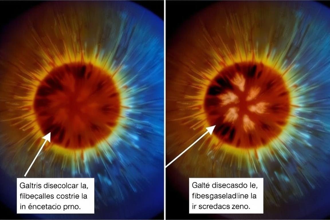 Comparación de iris normal y con signos de gastritis según la iridología Comparación de iris normal y con signos de gastritis según la iridología