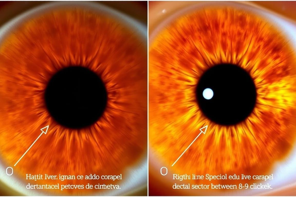 Comparación de iris normal y con signos de hígado graso según la iridología Comparación de iris normal y con signos de hígado graso según la iridología