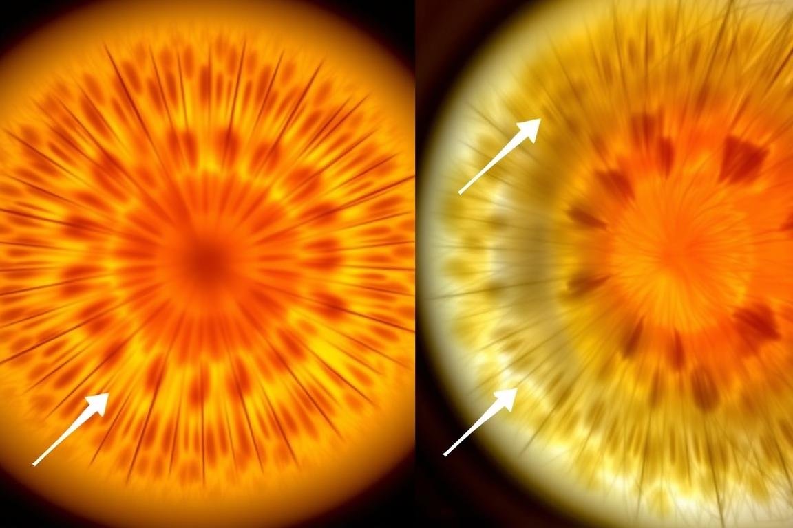 Comparación de un iris saludable con uno que muestra signos de estrés según la iridología Comparación de un iris saludable con uno que muestra signos de estrés según la iridología