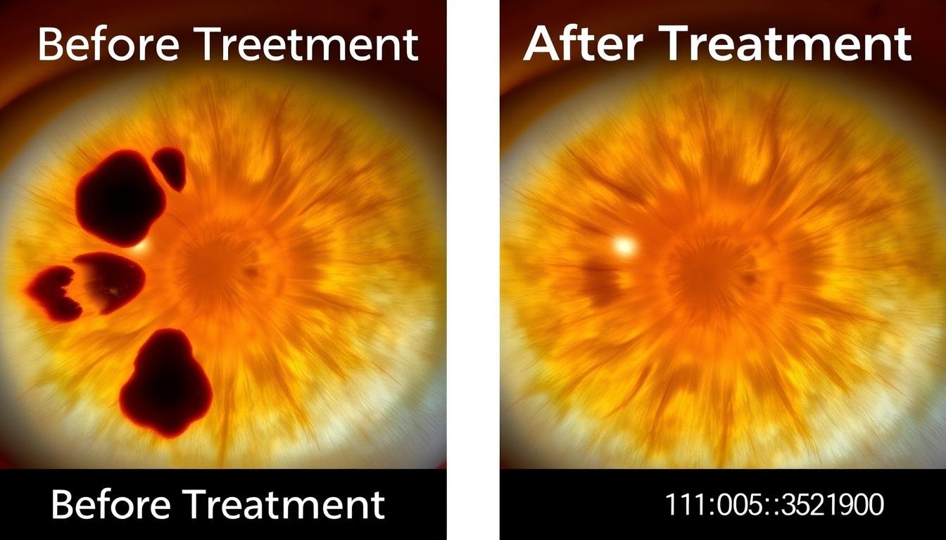 Comparación del iris de un paciente con cirrosis antes y después del tratamiento