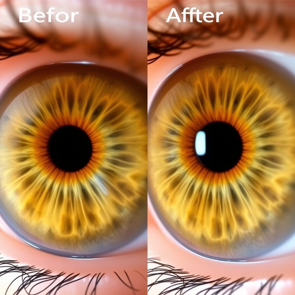 Comparación del mismo iris antes y después de un tratamiento de medicina natural
