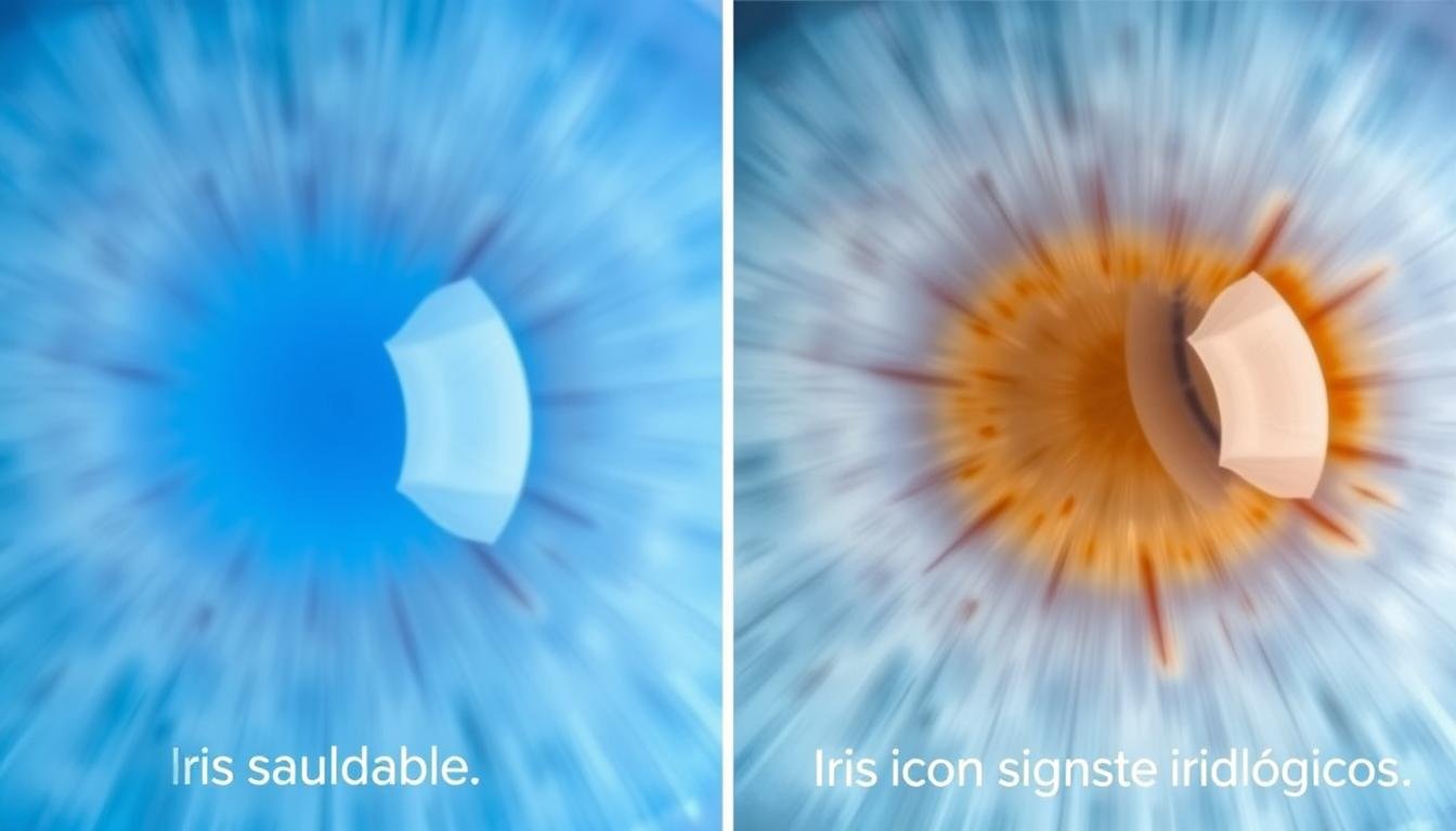 Comparación entre un iris saludable y uno con marcas según la iridología