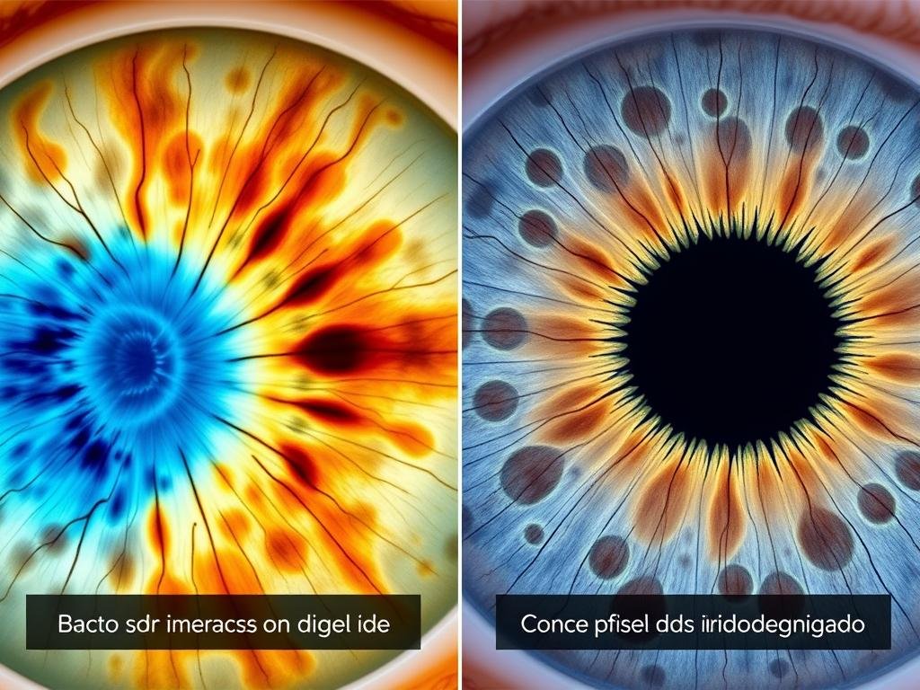 Comparación entre un iris sano y uno con marcas según la iridología