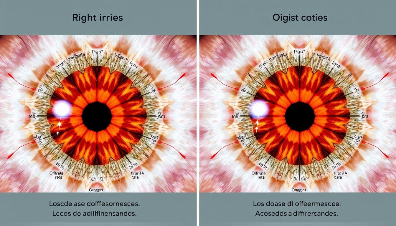 Comparación lado a lado de los iris derecho e izquierdo en un mapa de iridología Comparación lado a lado de los iris derecho e izquierdo en un mapa de iridología