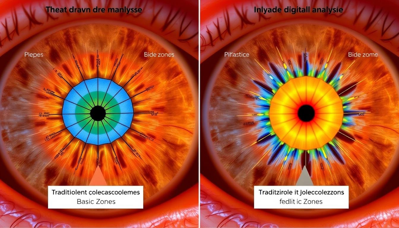 Comparación visual de análisis iridológico clásico vs moderno