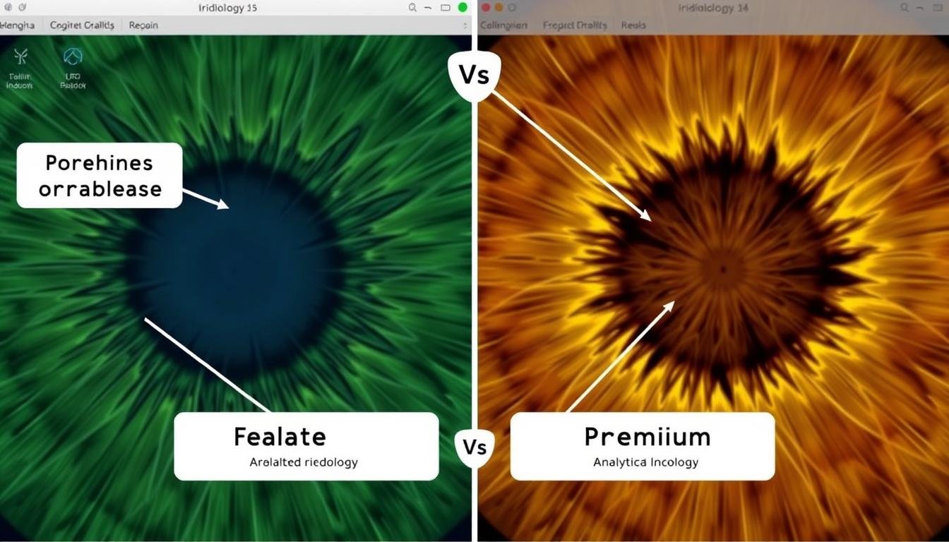 Comparación visual de interfaces entre software de iridología gratuito y premium
