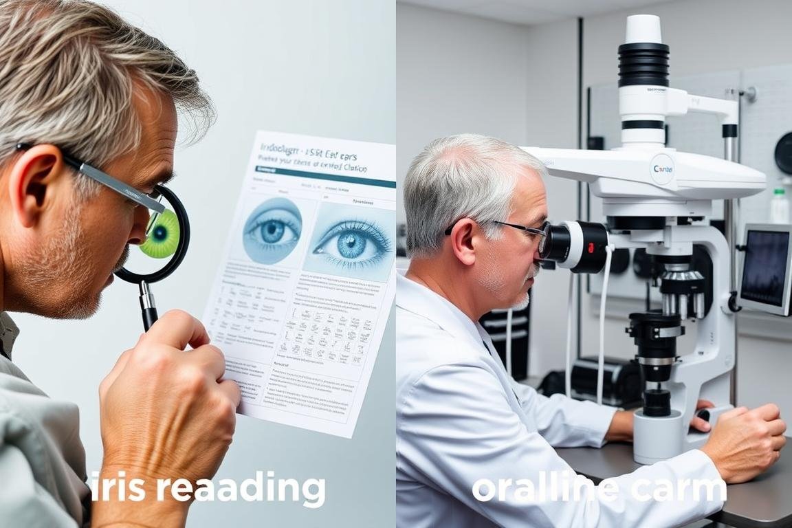 Comparación visual entre lectura del iris y examen ocular tradicional