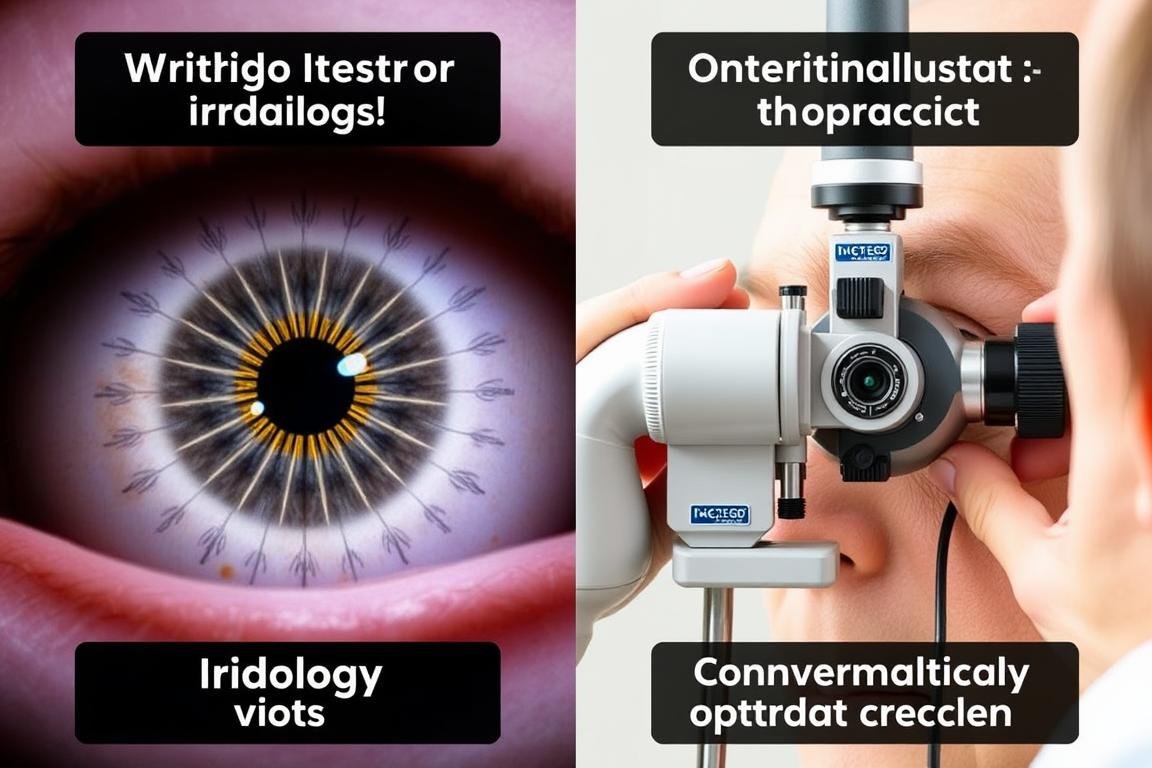 Comparación visual entre un examen de iridología y un examen oftalmológico convencional