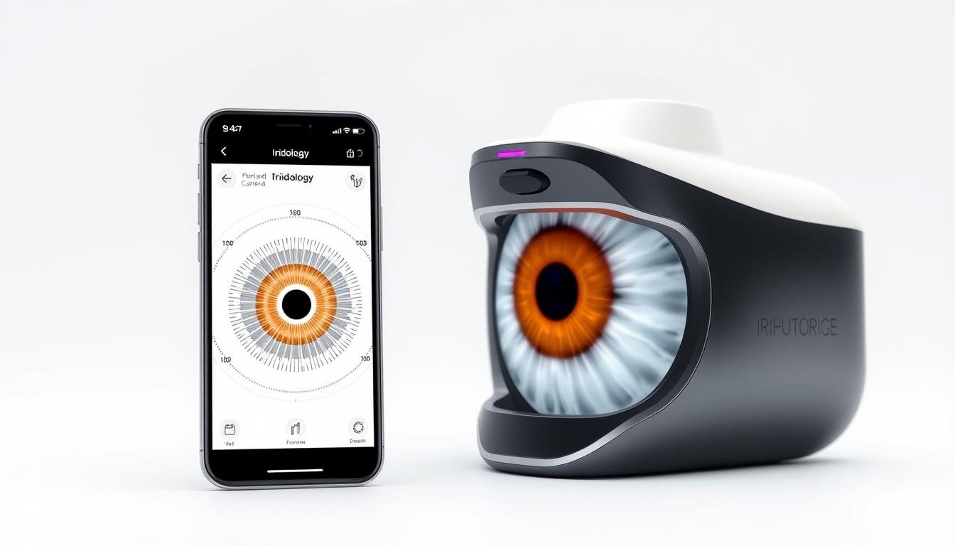 Concepto futurista de Cámara de Iridología portátil conectada a smartphone Concepto futurista de Cámara de Iridología portátil conectada a smartphone