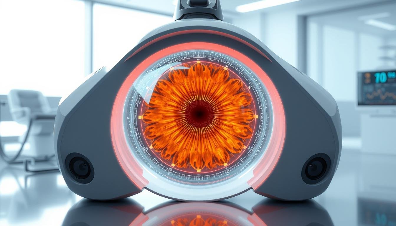 Concepto futurista de aparato de iridología con inteligencia artificial