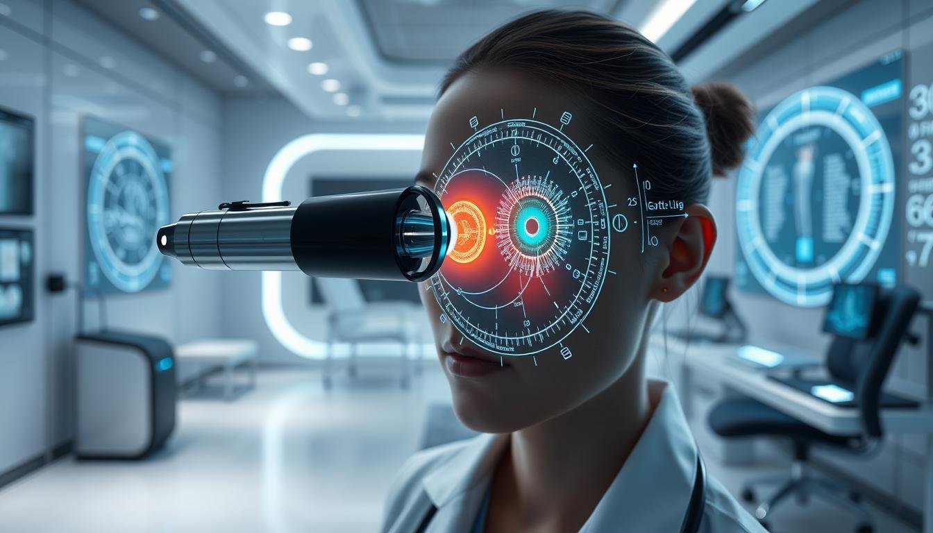 Concepto futurista de cámara de iridología integrada con realidad aumentada y diagnóstico holístico