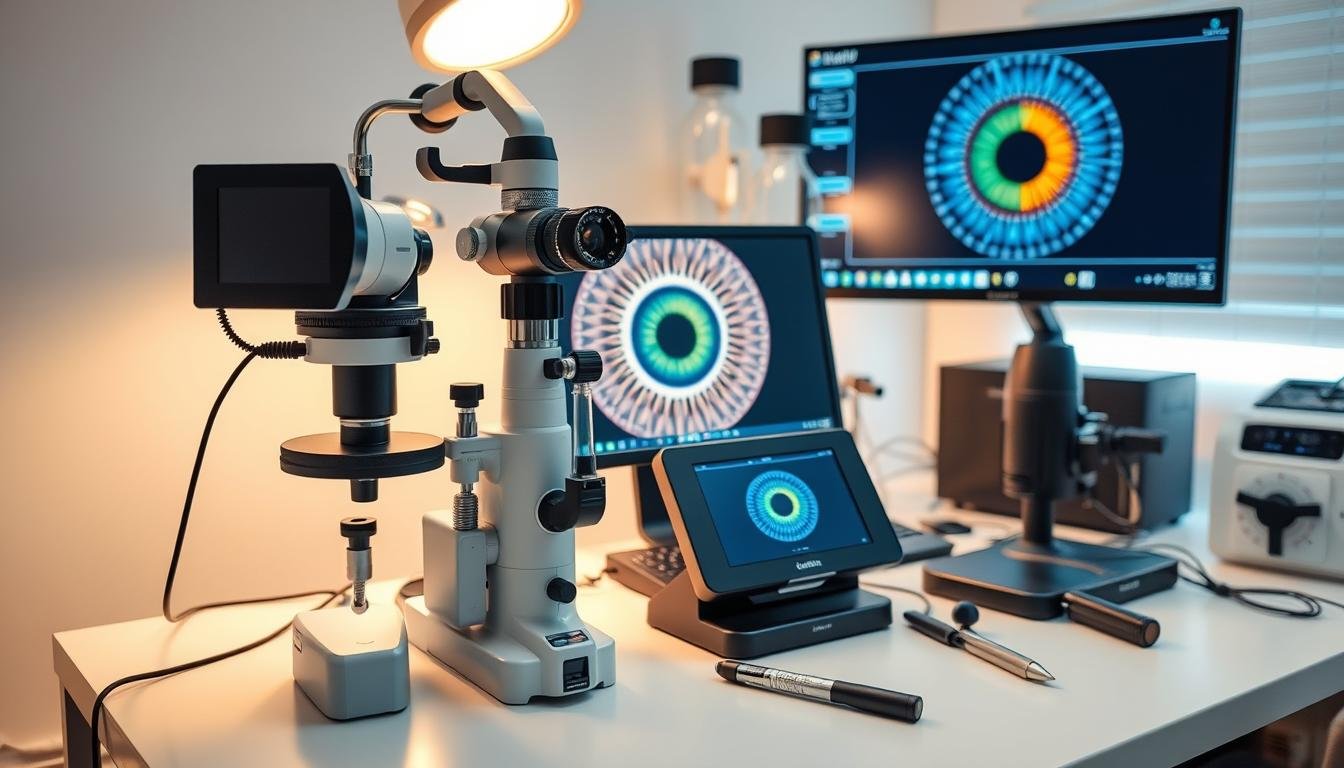 Conjunto de herramientas modernas para iridología incluyendo iriscopio digital y software de análisis