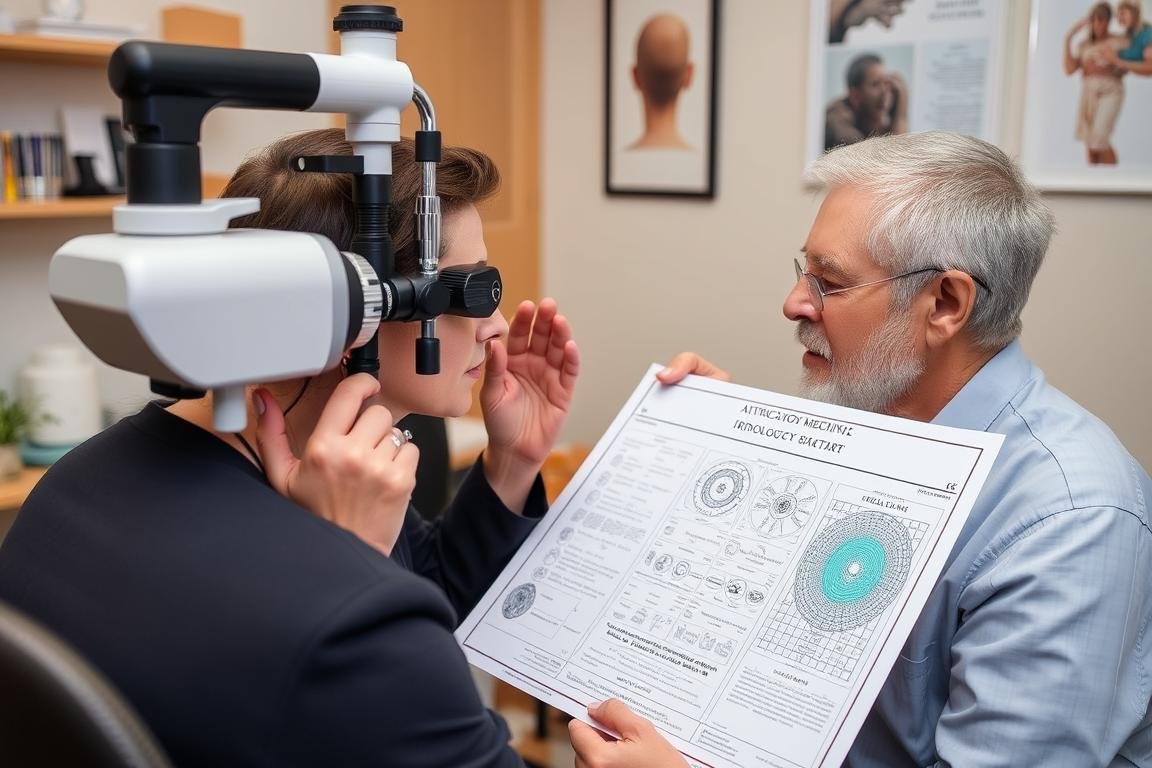 Consulta de iridología con un especialista analizando el iris de un paciente Consulta de iridología con un especialista analizando el iris de un paciente