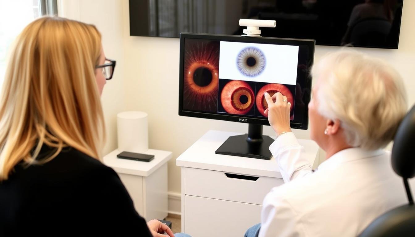 Consulta de iridología donde el profesional explica los hallazgos al paciente usando imágenes digitales