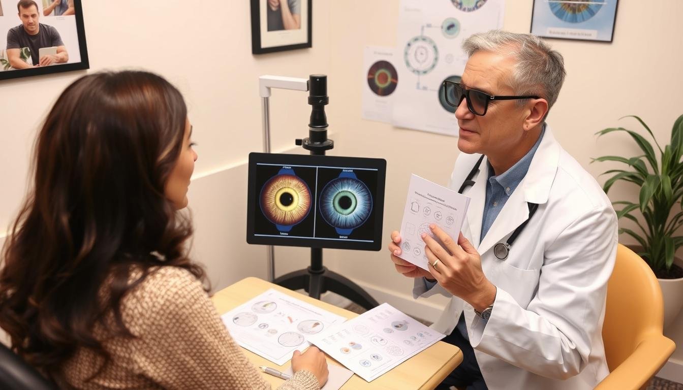 Consulta de iridología donde se explican los beneficios preventivos al paciente