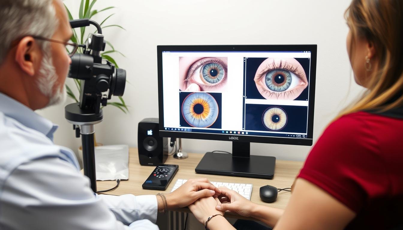 Consulta de iridología donde se explican los hallazgos al paciente usando fotografías del iris