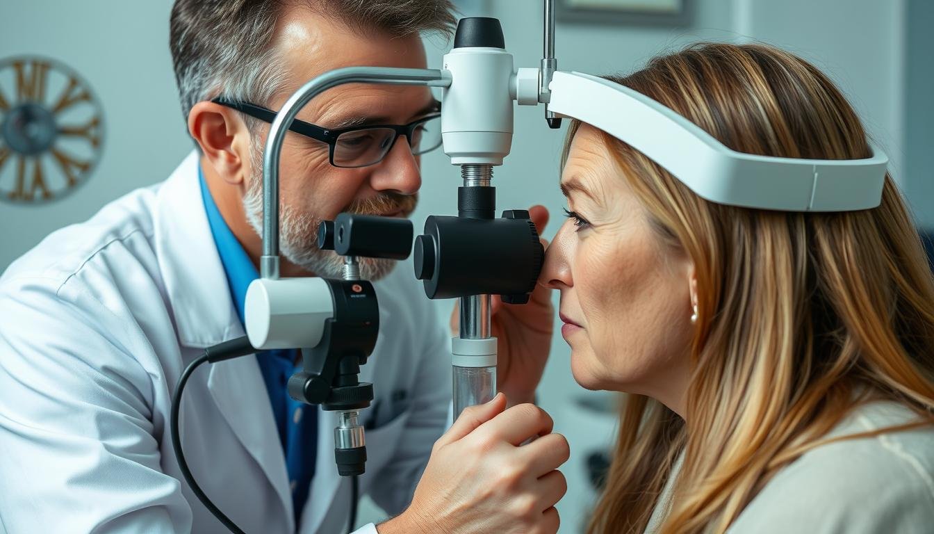 Consulta de iridología donde un especialista examina el iris de un paciente