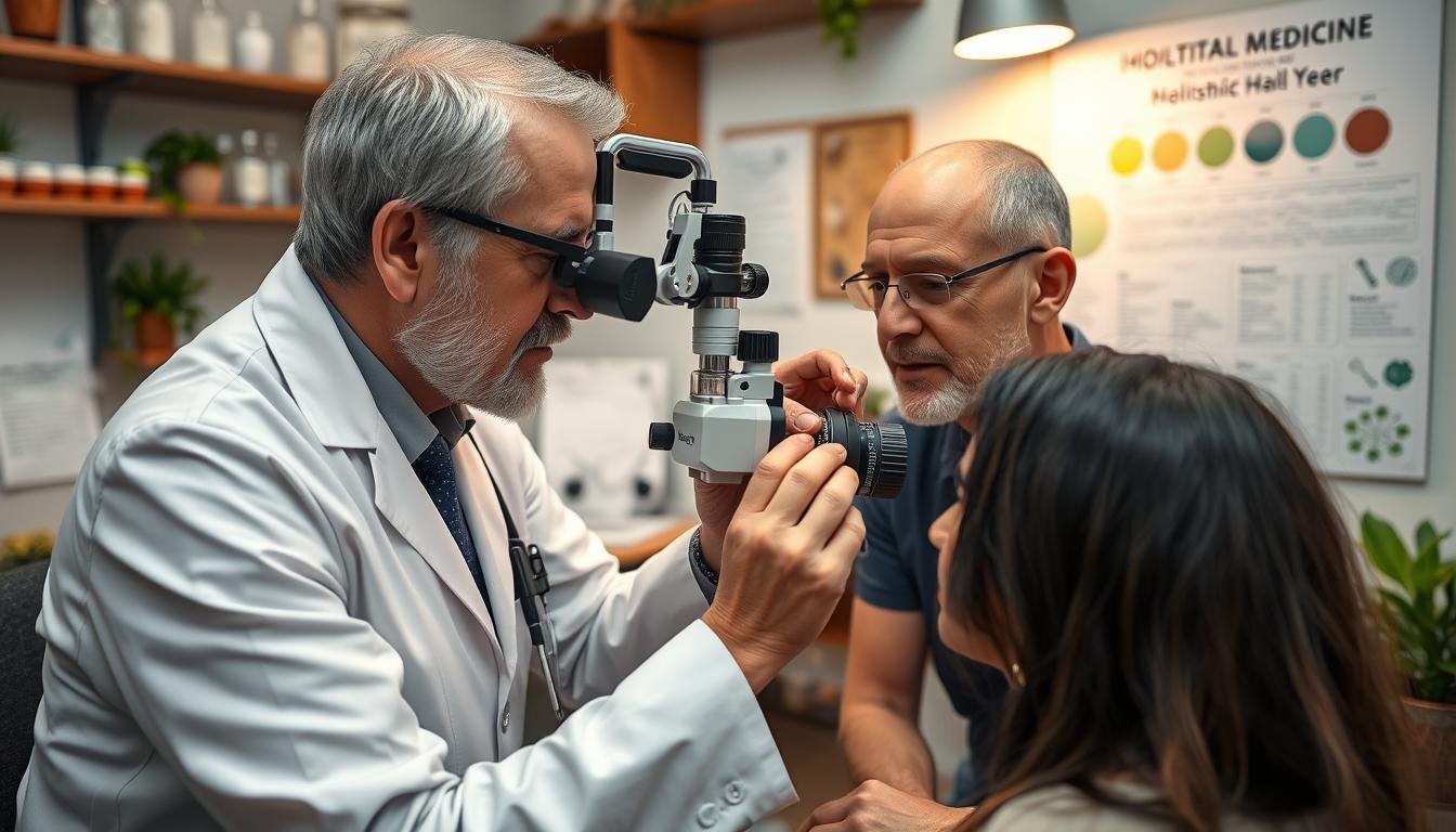 Consulta de iridología integrada con medicina natural, mostrando análisis del iris y hierbas medicinales