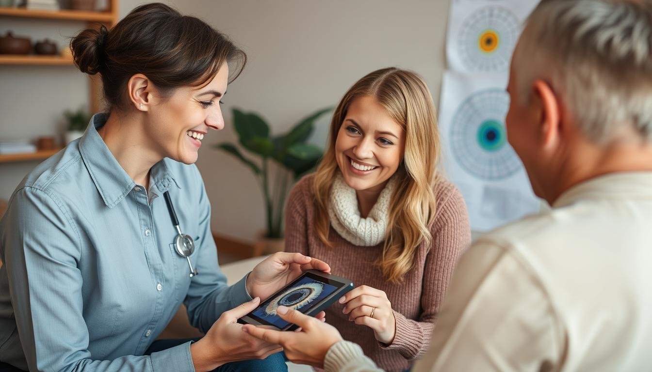 Consulta de iridología mostrando análisis holístico de salud