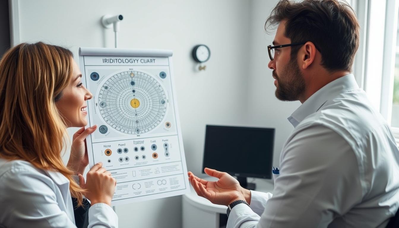 Consulta de medicina integrativa donde se utiliza un mapa de iridología junto con otras herramientas diagnósticas