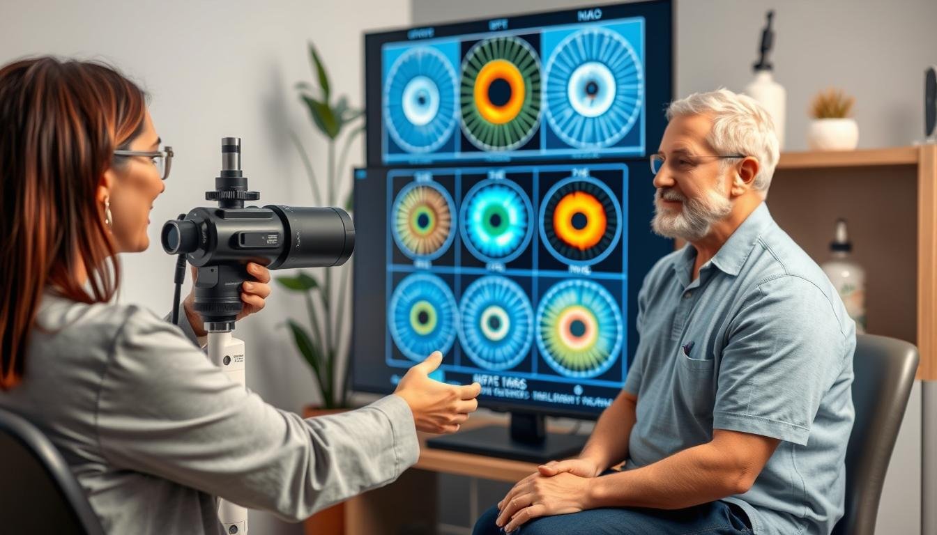 Consulta moderna de iridología con tecnología digital avanzada y paciente