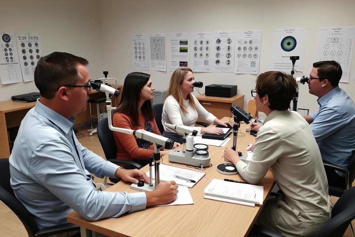 Corso di formazione in iriologia con studenti che praticano l'analisi dell'iride