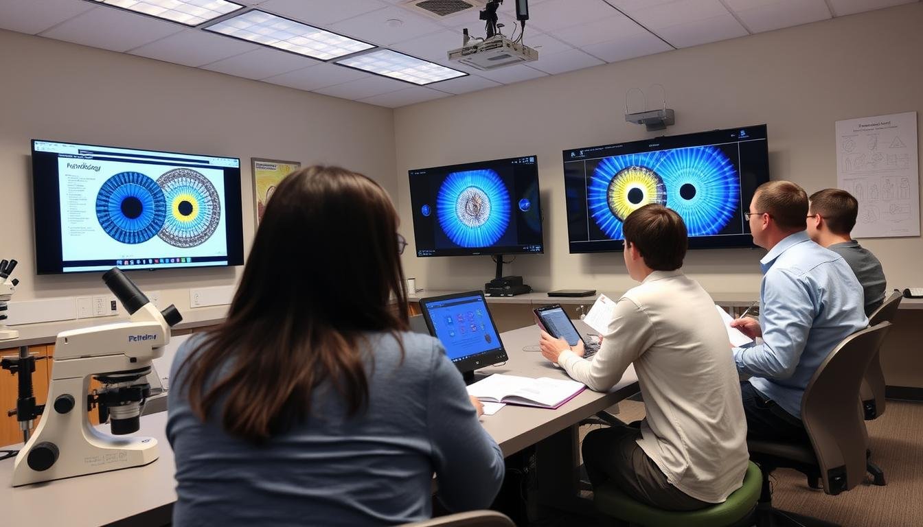 Curso profesional de lectura del iris donde estudiantes aprenden a analizar patrones del iris con microscopios
