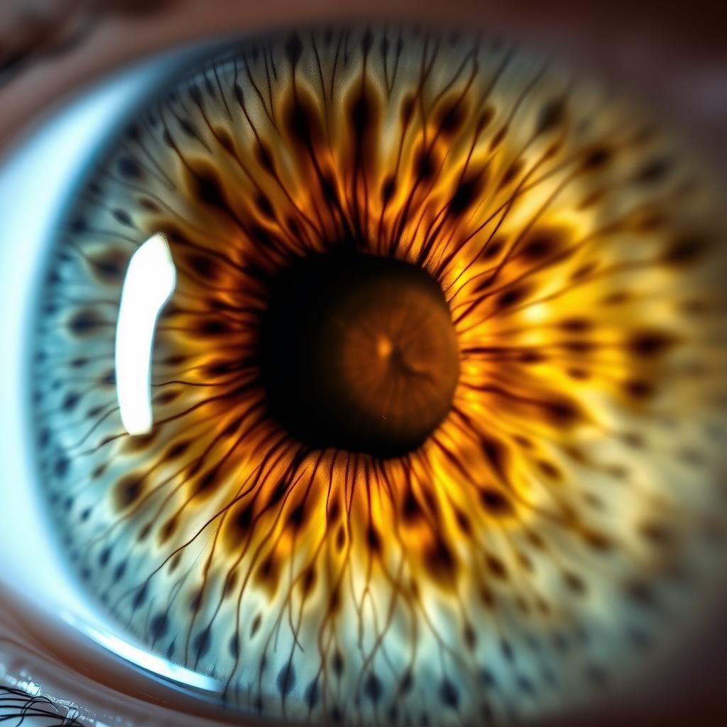 Detalle de un iris humano mostrando patrones relacionados con el estrés según la iridología