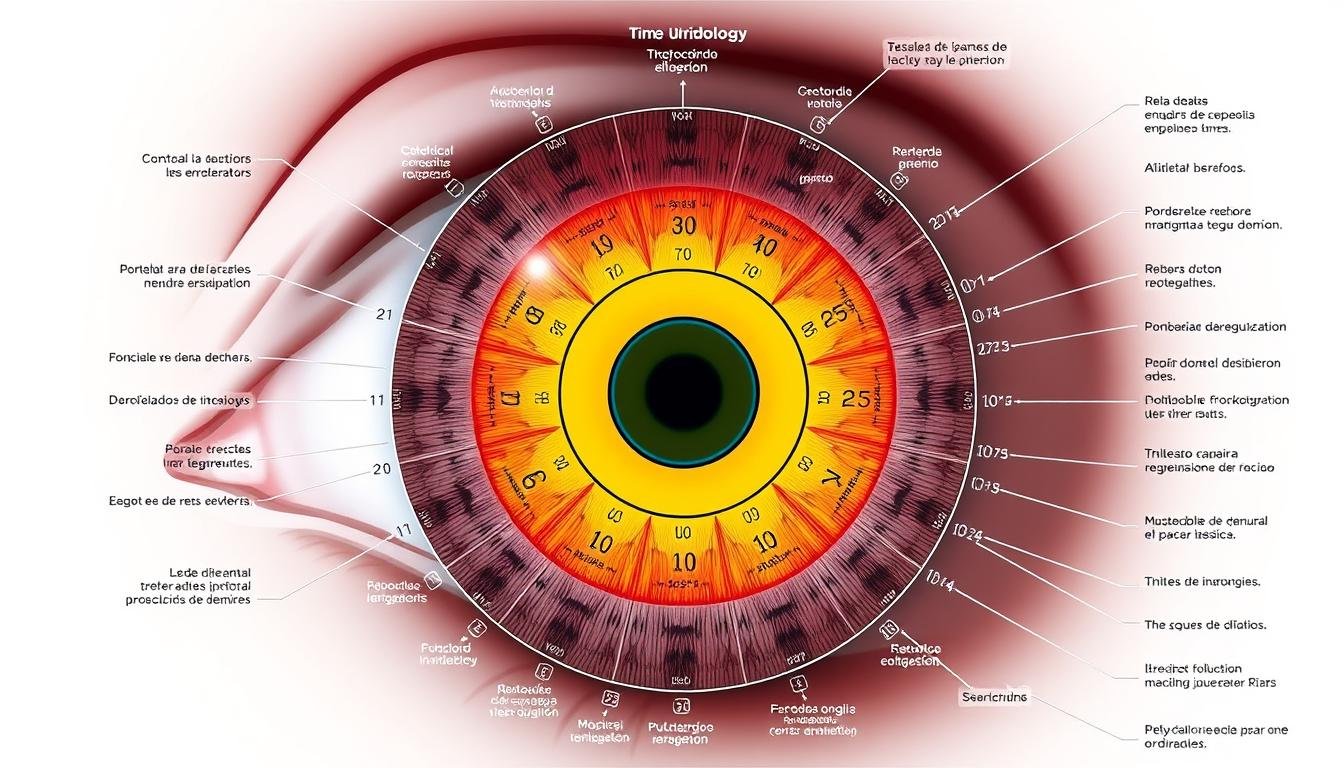 Diagrama del iris en iridología mostrando las diferentes zonas correspondientes a órganos del cuerpo