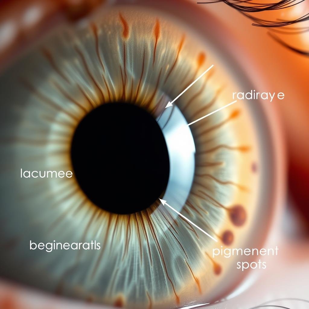 Diferentes características topográficas en el iris identificadas por un iriólogo