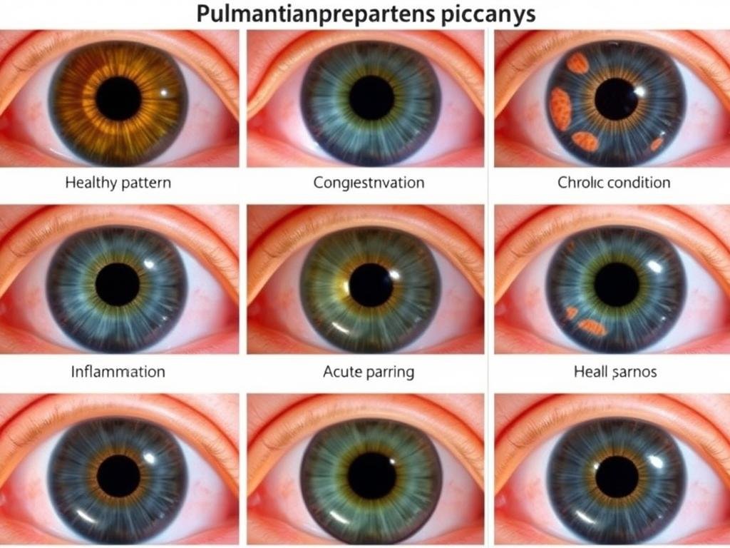 Diferentes patrones y coloraciones en la zona pulmonar de la iridología mapa Diferentes patrones y coloraciones en la zona pulmonar de la iridología mapa