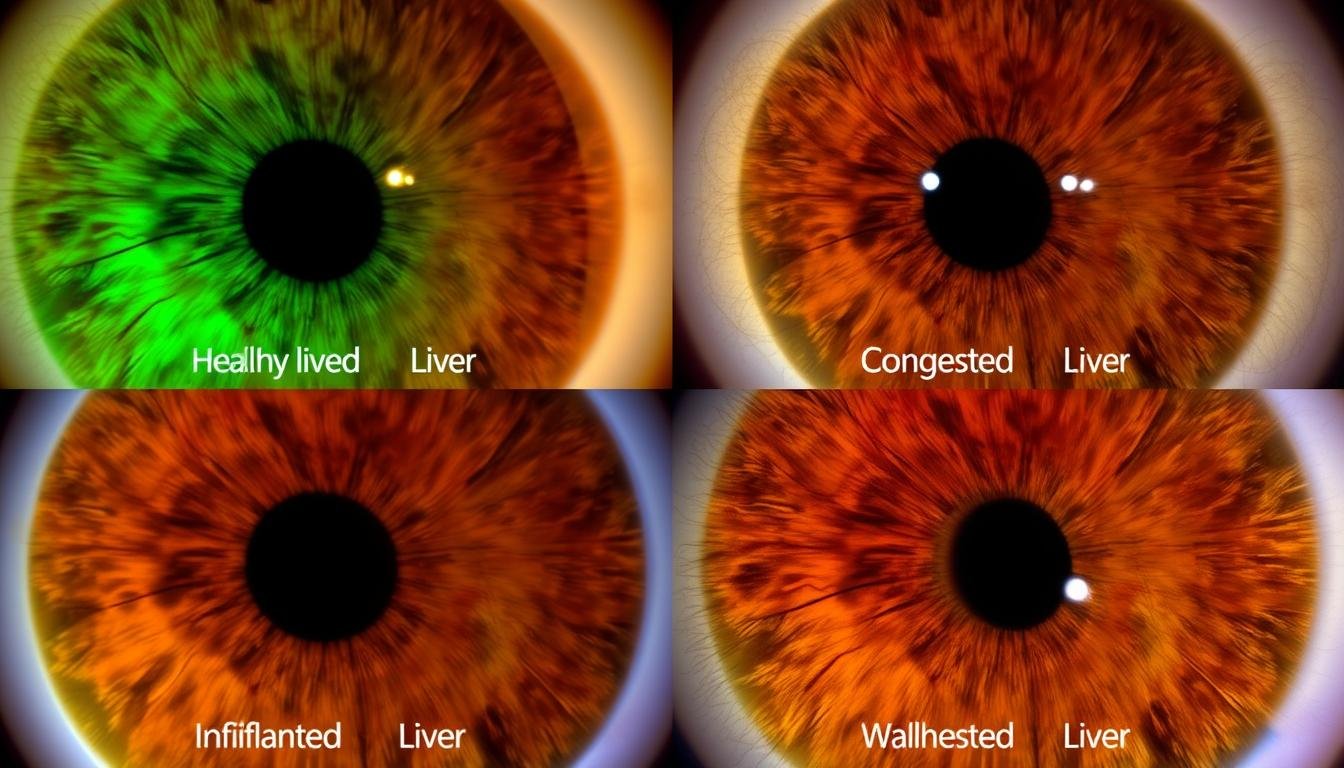 Diferentes señales del hígado en un mapa de iridología con ejemplos visuales