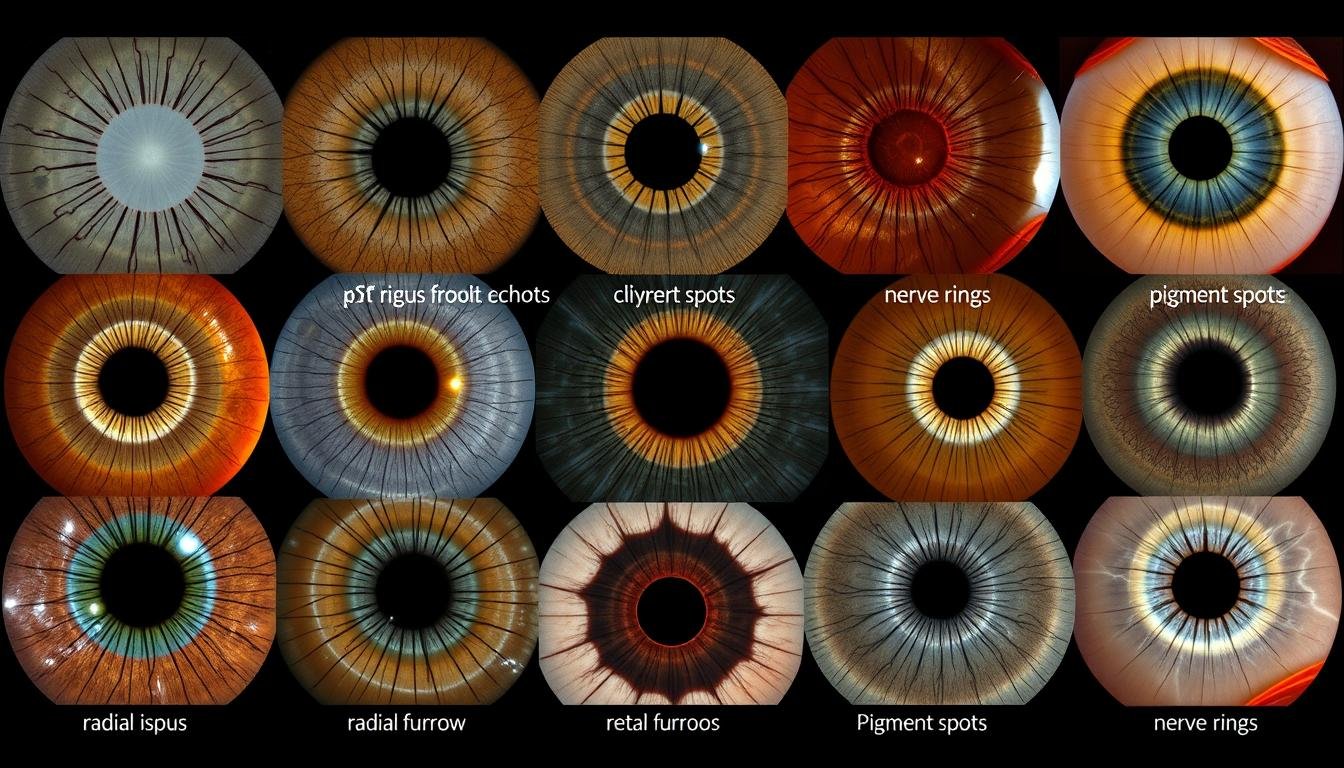 Diferentes señales y marcas en el iris interpretadas por un iriólogo