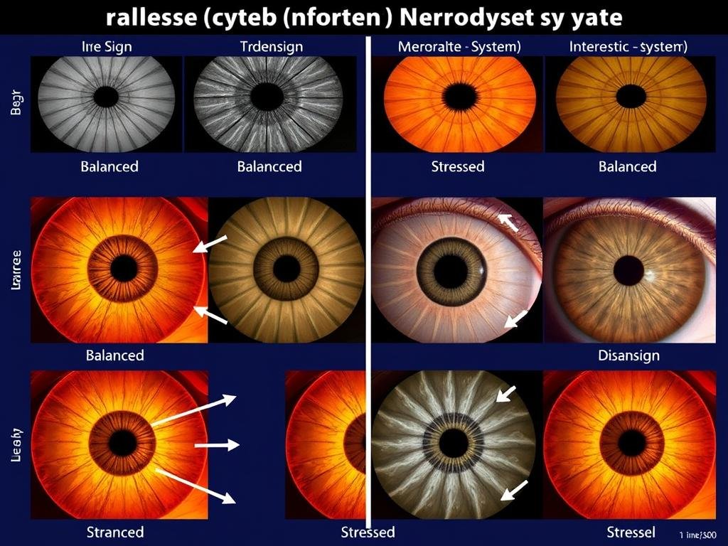 Diferentes signos en el iris relacionados con el sistema nervioso según el mapa de iridología