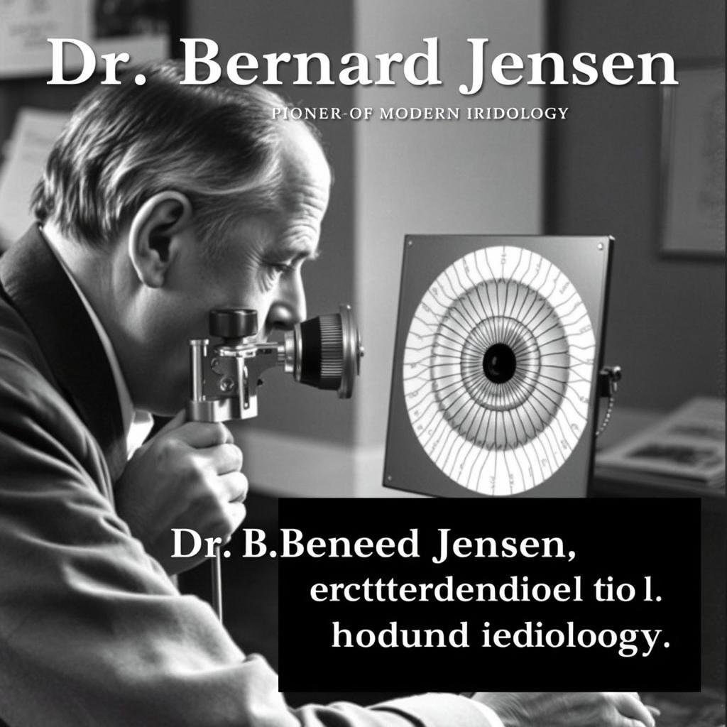 Dr. Bernard Jensen, pionero de la iridología moderna, examinando un iris